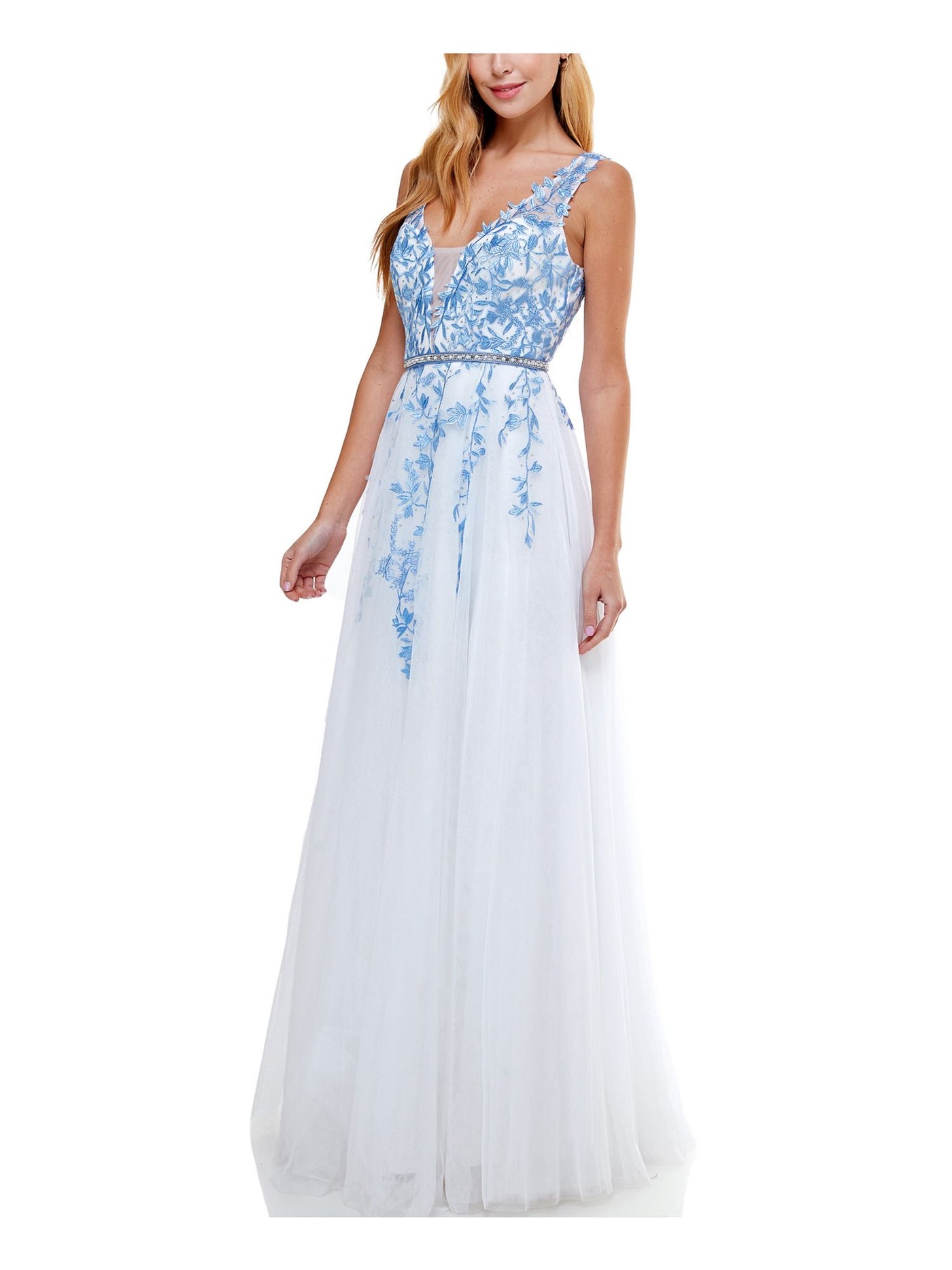 SAY YES TO THE PROM Womens White Embellished Mesh Gown Sleeveless V Neck Full-Length Formal Fit + Flare Dress Juniors 11