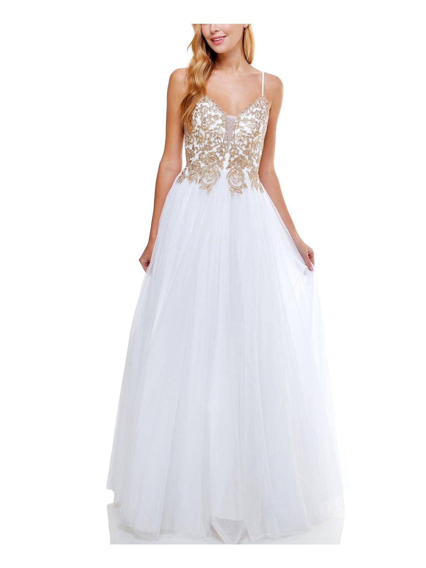 SAY YES TO THE DRESS Womens White Embellished Spaghetti Strap Sweetheart Neckline Full-Length Prom Fit + Flare Dress 7