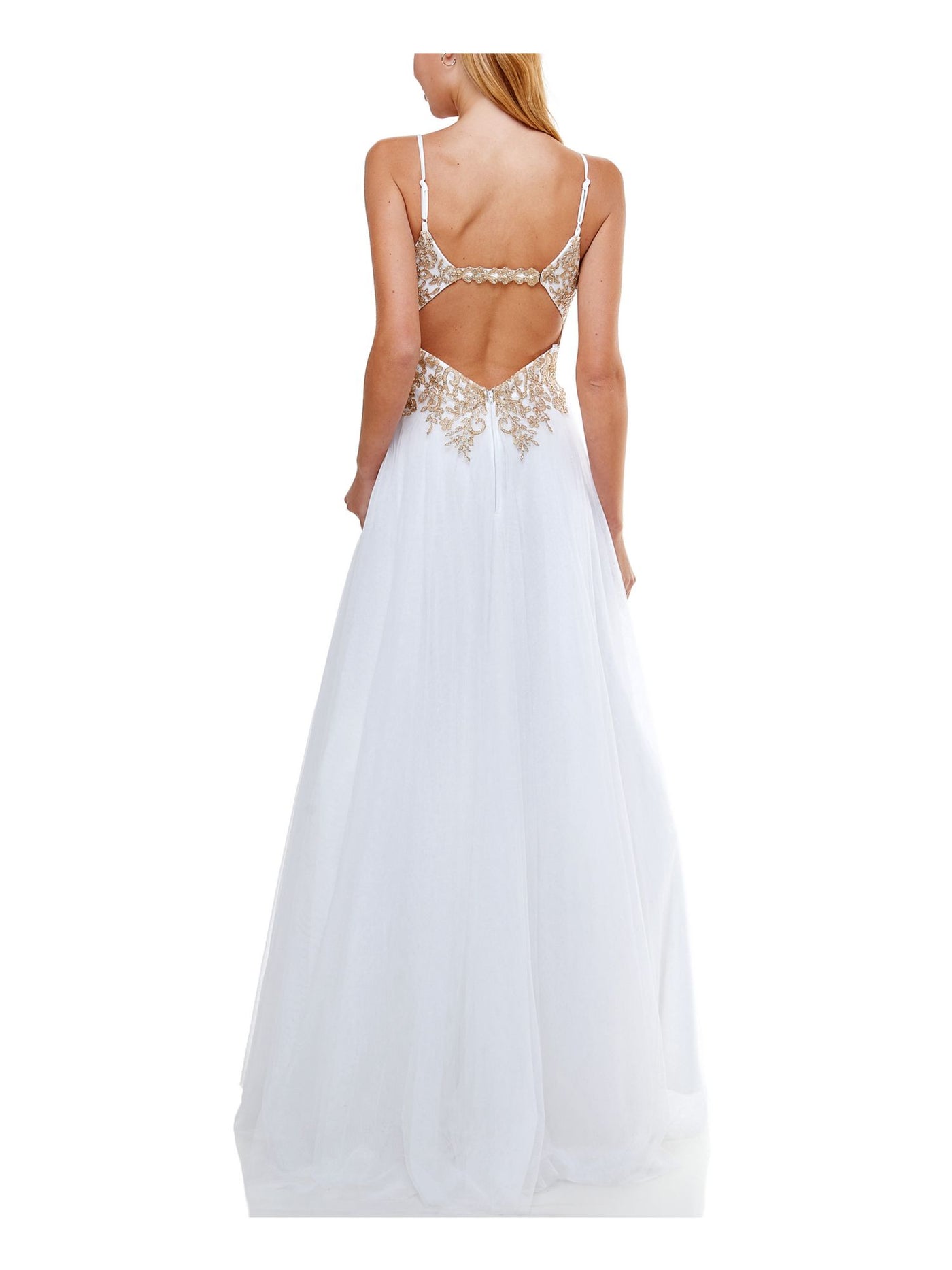 SAY YES TO THE DRESS Womens White Embellished Spaghetti Strap Sweetheart Neckline Full-Length Prom Fit + Flare Dress 7