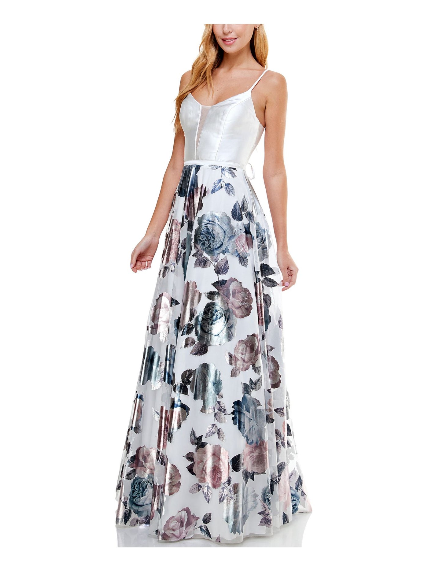 SAY YES TO THE PROM Womens White Floral Spaghetti Strap Full-Length Prom Fit + Flare Dress Juniors 9