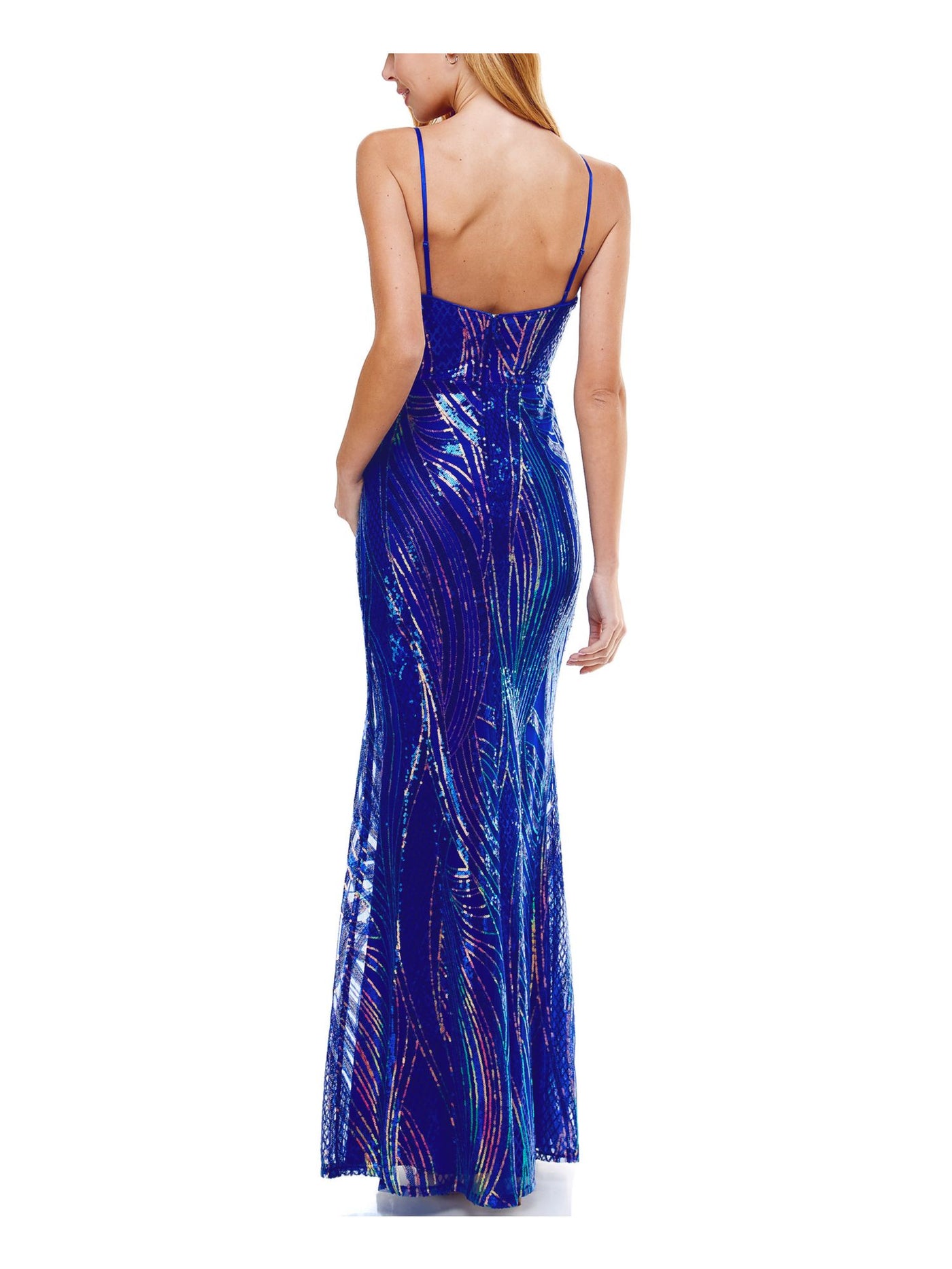 SAY YES TO THE PROM Womens Blue Sequined Spaghetti Strap V Neck Full-Length Evening Sheath Dress Juniors 13