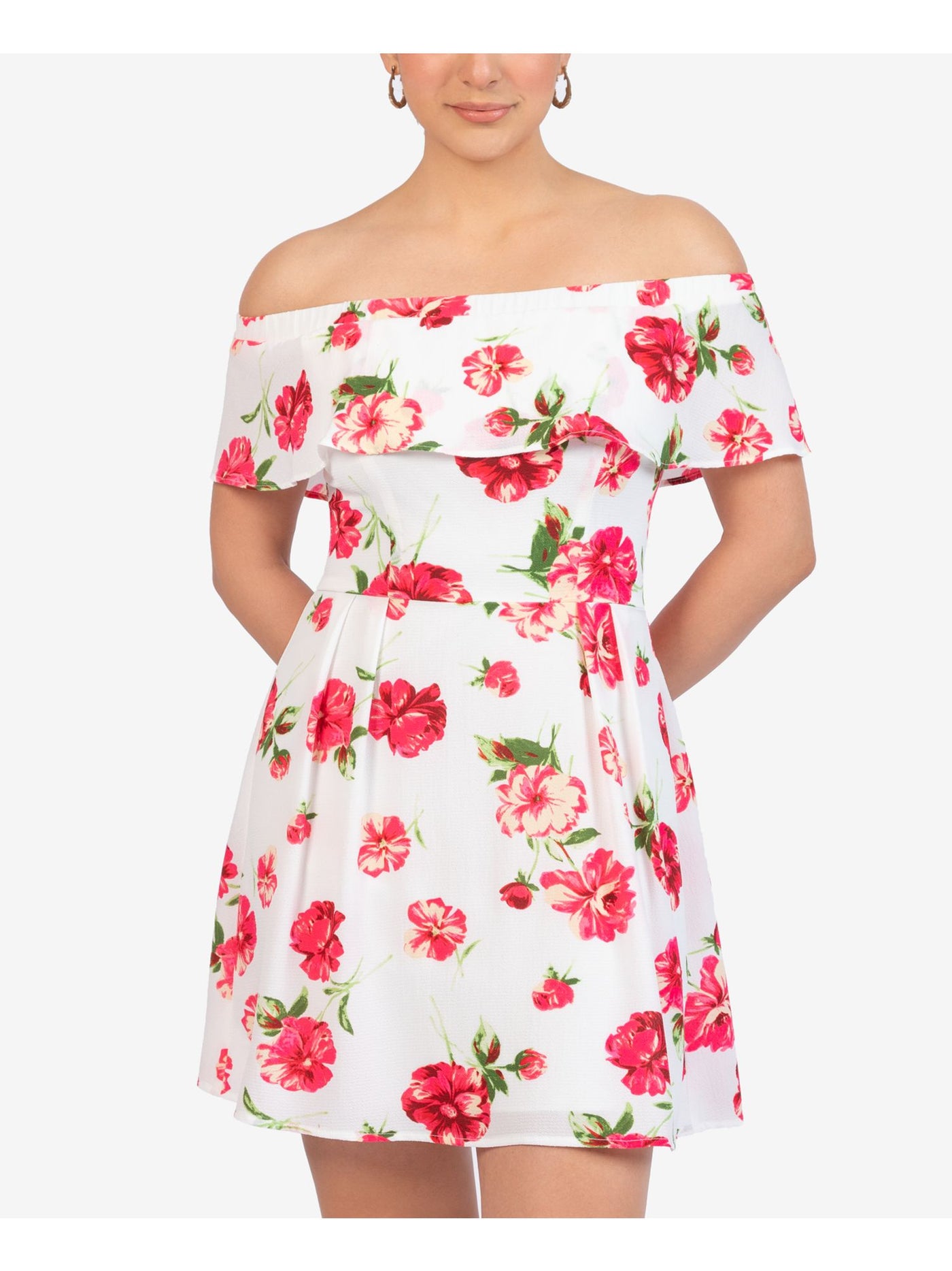 B DARLIN Womens Ivory Zippered Pleated Floral Short Sleeve Off Shoulder Short A-Line Dress Juniors 5\6