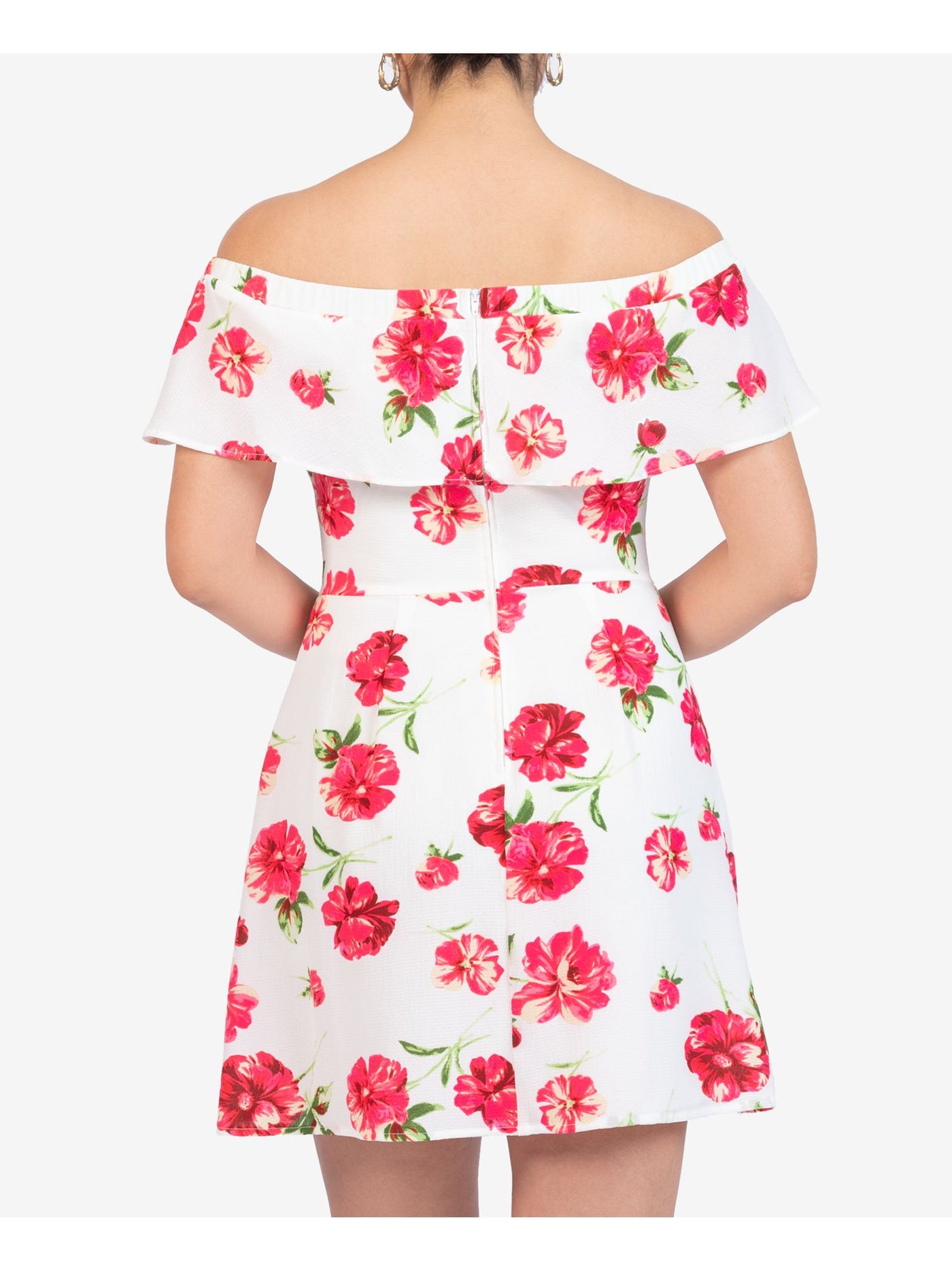 B DARLIN Womens White Zippered Pleated Floral Short Sleeve Off Shoulder Short A-Line Dress Juniors 9\10