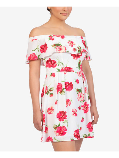 B DARLIN Womens Ivory Zippered Pleated Floral Short Sleeve Off Shoulder Short A-Line Dress Juniors 3\4