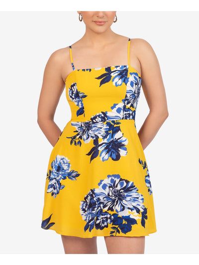 B DARLIN Womens Yellow Zippered Floral Spaghetti Strap Square Neck Mini Fit + Flare Dress Juniors 3\4