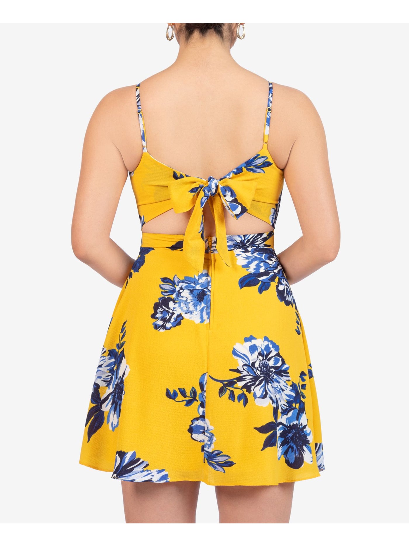 B DARLIN Womens Yellow Zippered Tie-back Floral Spaghetti Strap Square Neck Mini Fit + Flare Dress Juniors 11\12