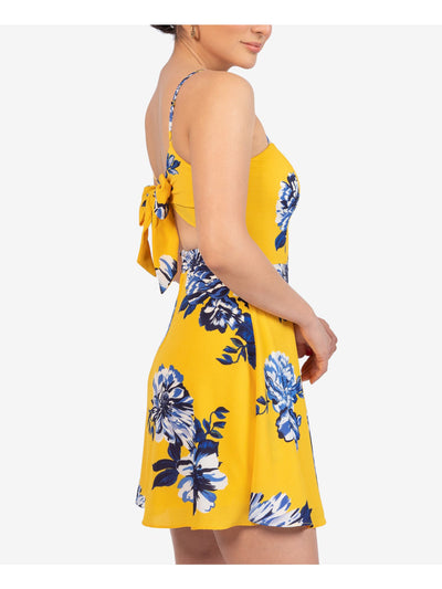 B DARLIN Womens Yellow Zippered Floral Spaghetti Strap Square Neck Mini Fit + Flare Dress Juniors 3\4