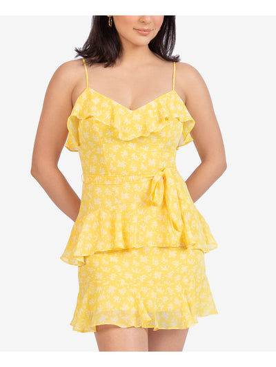 B DARLIN Womens Yellow Ruffled Tie Printed Spaghetti Strap V Neck Mini Party A-Line Dress Juniors 3\4