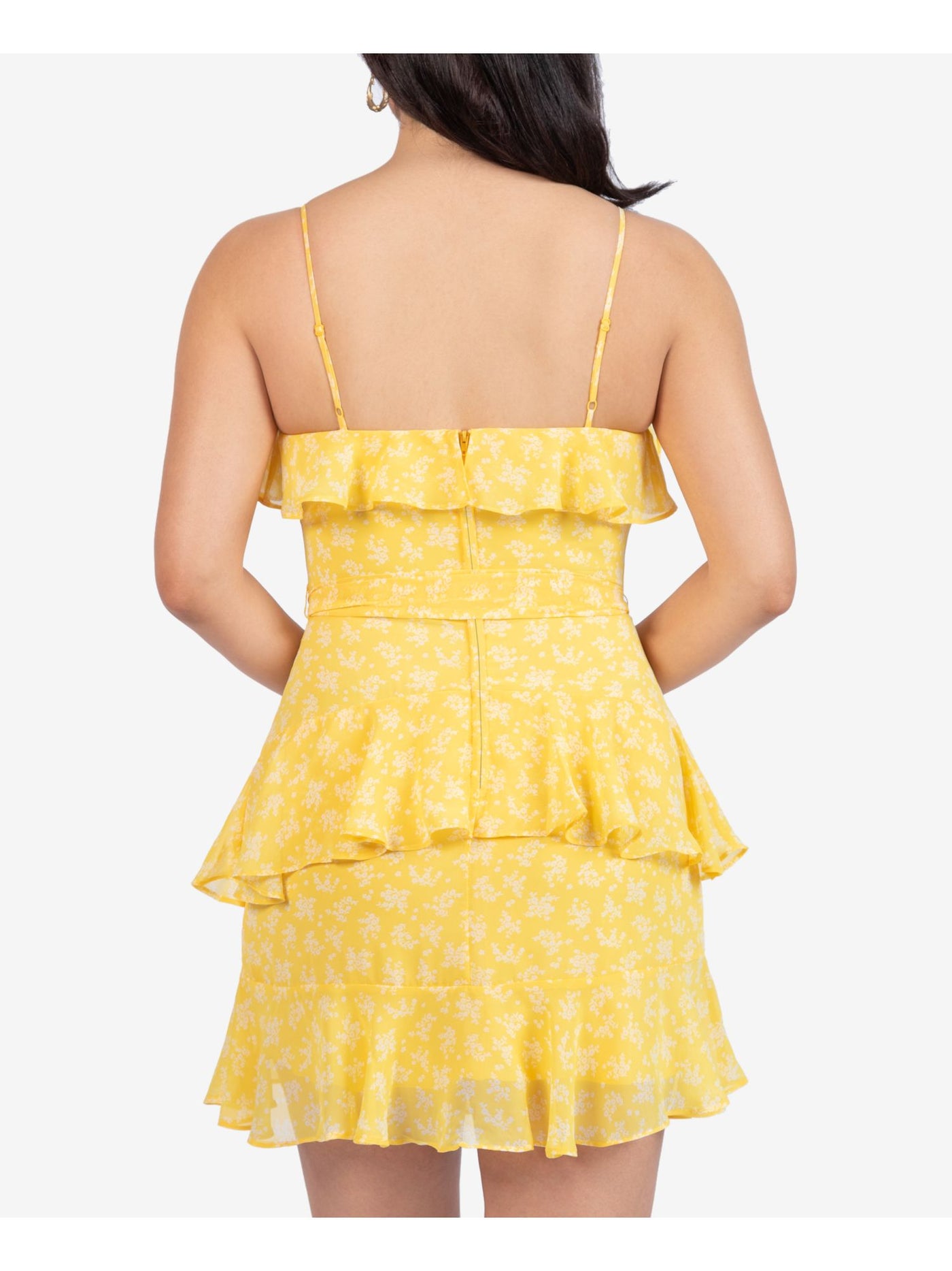 B DARLIN Womens Yellow Ruffled Tie Printed Spaghetti Strap V Neck Mini Party A-Line Dress Juniors 3\4