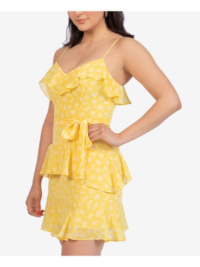 B DARLIN Womens Yellow Ruffled Tie Printed Spaghetti Strap V Neck Mini Party A-Line Dress Juniors 5\6