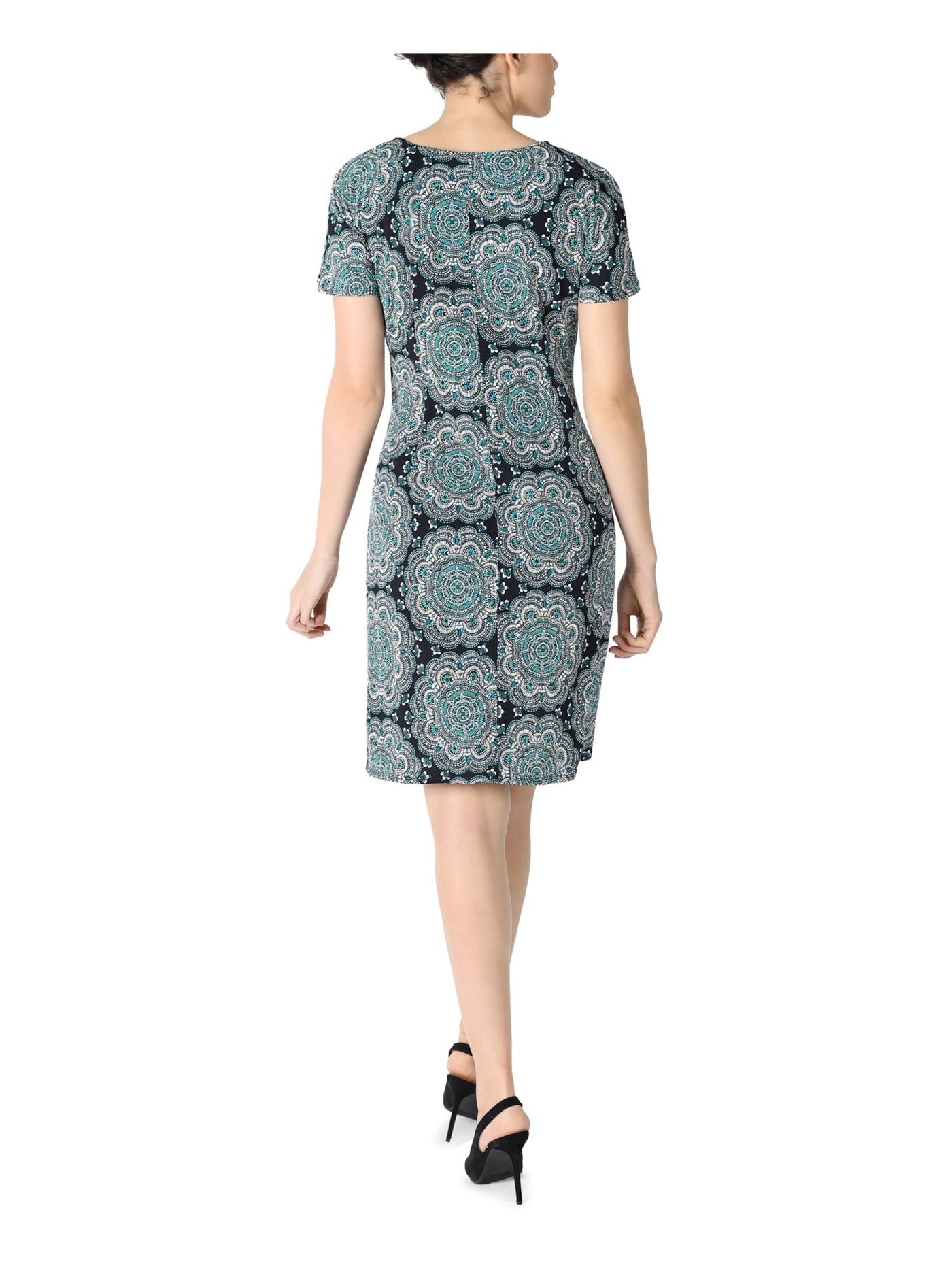SIGNATURE BY ROBBIE BEE Womens Navy Stretch Tie Faux Wrap Skirt Printed Short Sleeve Crew Neck Above The Knee Wear To Work Sheath Dress Petites PS