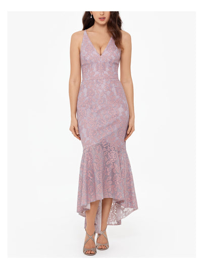 XSCAPE Womens Zippered Glitter Lace Ruffled Sleeveless V Neck Maxi Formal Mermaid Dress