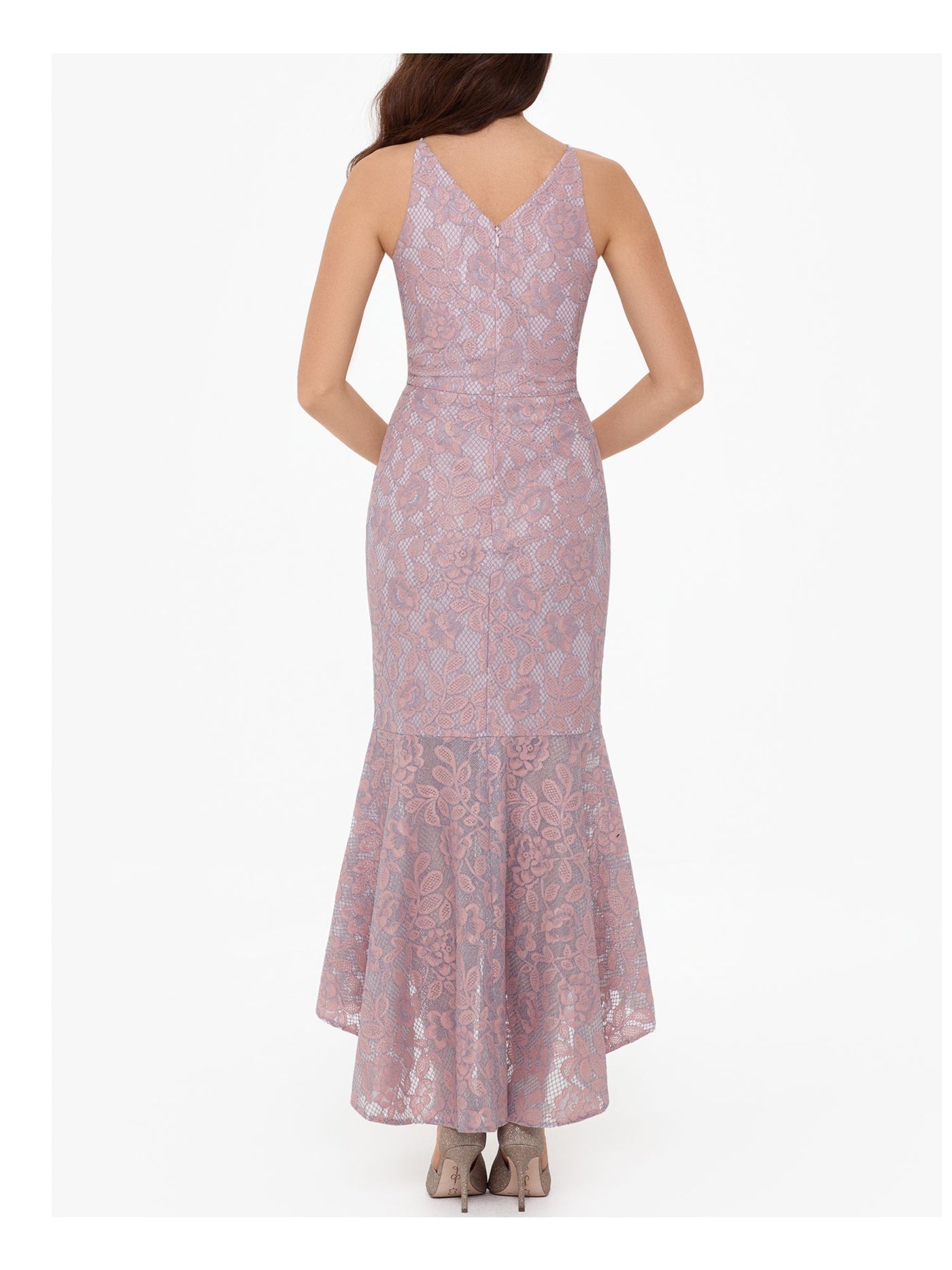 XSCAPE Womens Pink Zippered Glitter Lace Ruffled Floral Sleeveless V Neck Maxi Formal Mermaid Dress 8