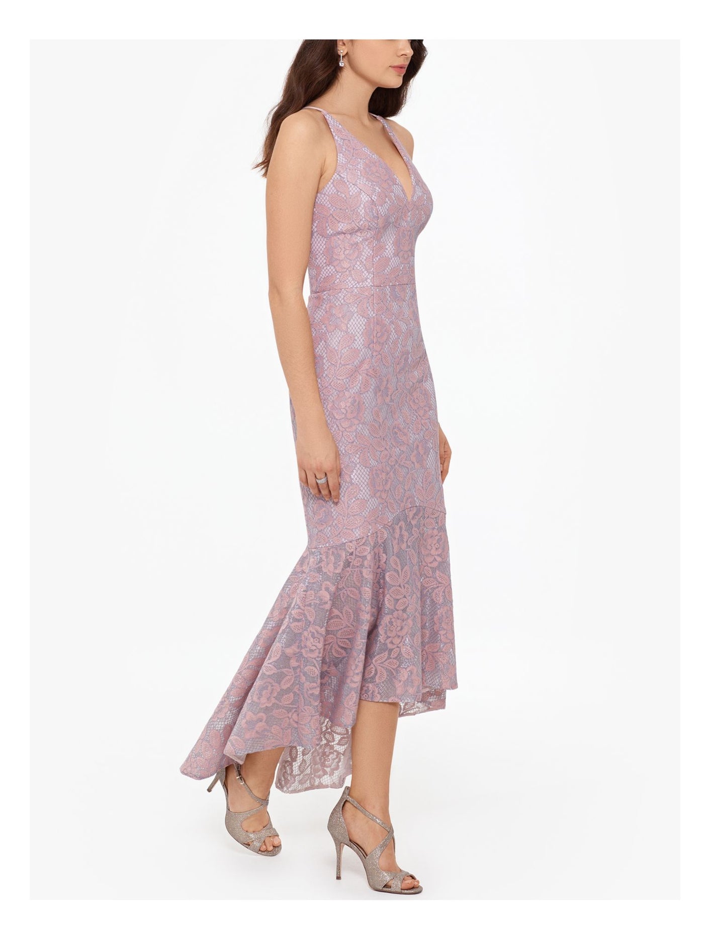 XSCAPE Womens Zippered Glitter Lace Ruffled Sleeveless V Neck Maxi Formal Mermaid Dress