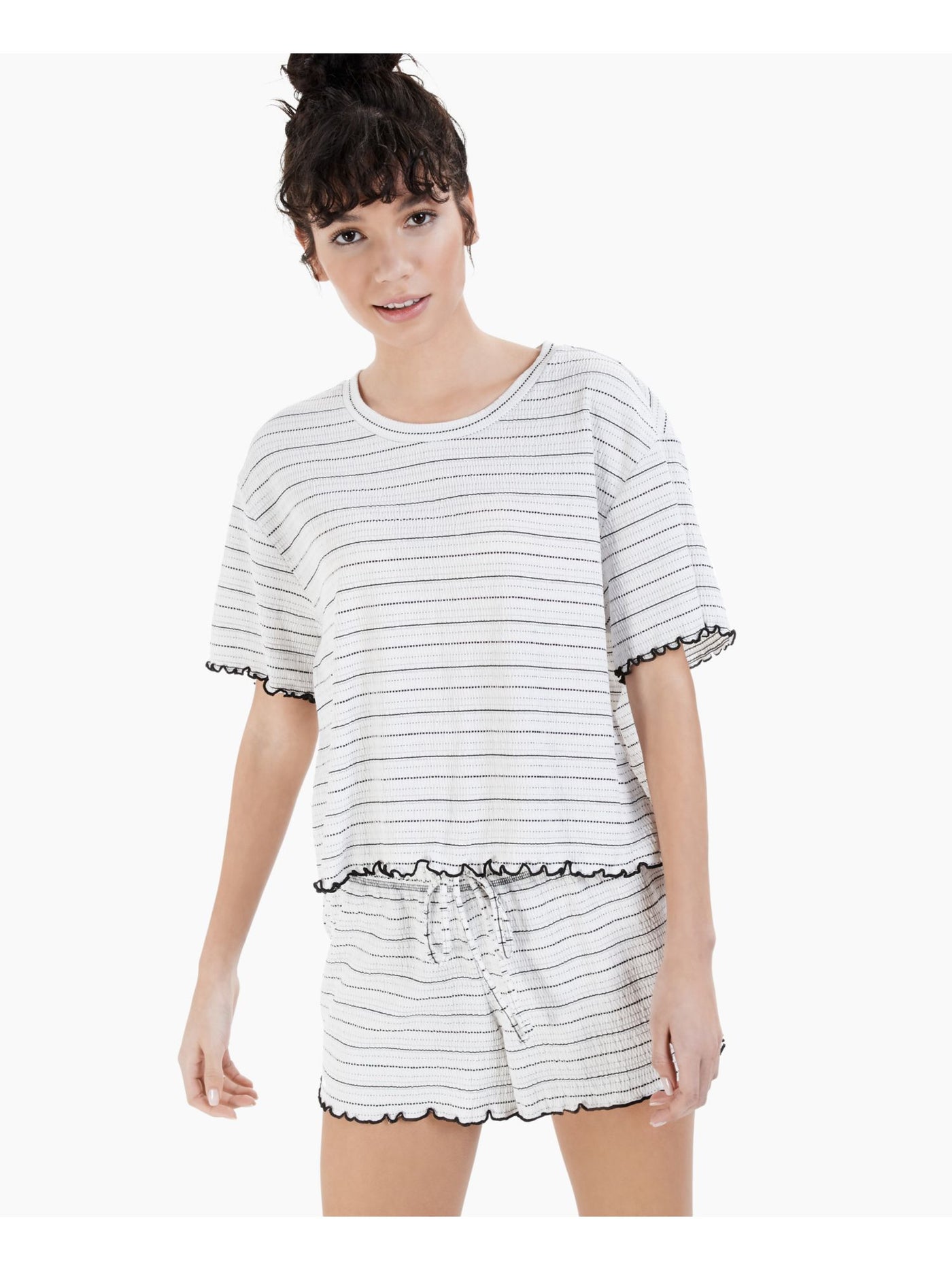 JENNI Womens White Striped Textured Short Sleeve T-Shirt Top and Shorts Pajamas S