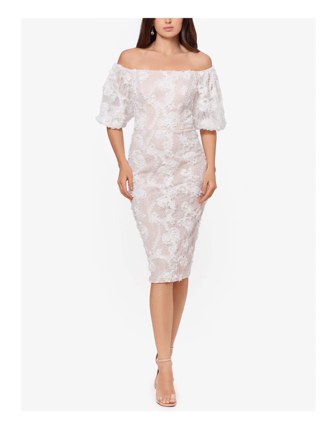 XSCAPE Womens Stretch Lace Elbow Sleeve Off Shoulder Below The Knee Ev   Bobbi + Bricka