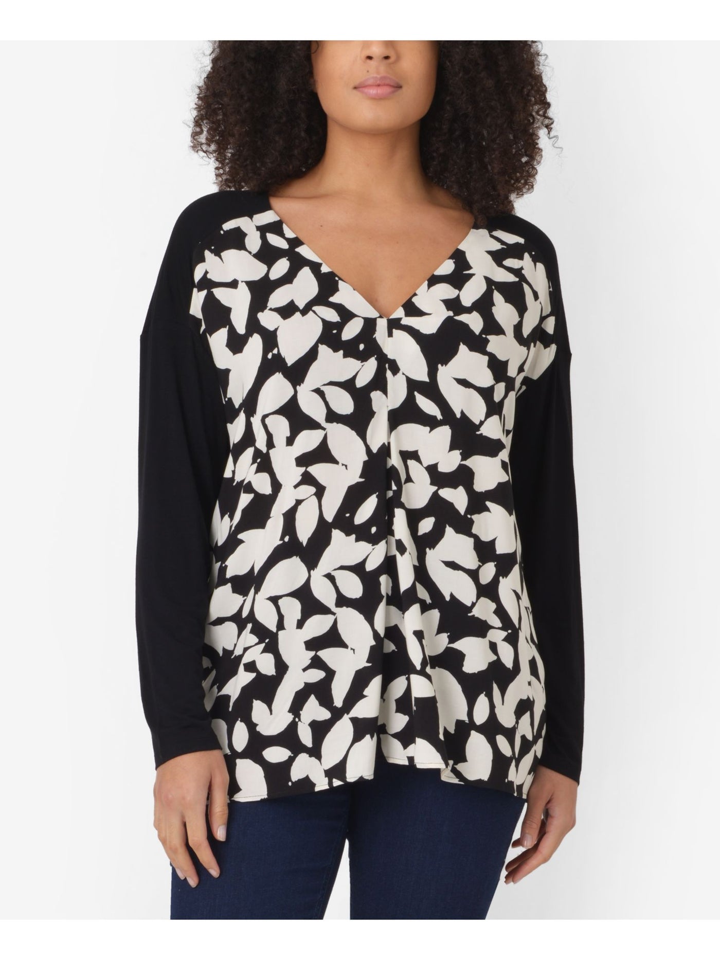 LIVE UNLIMITED Womens Black Printed Long Sleeve V Neck Top Plus 2X