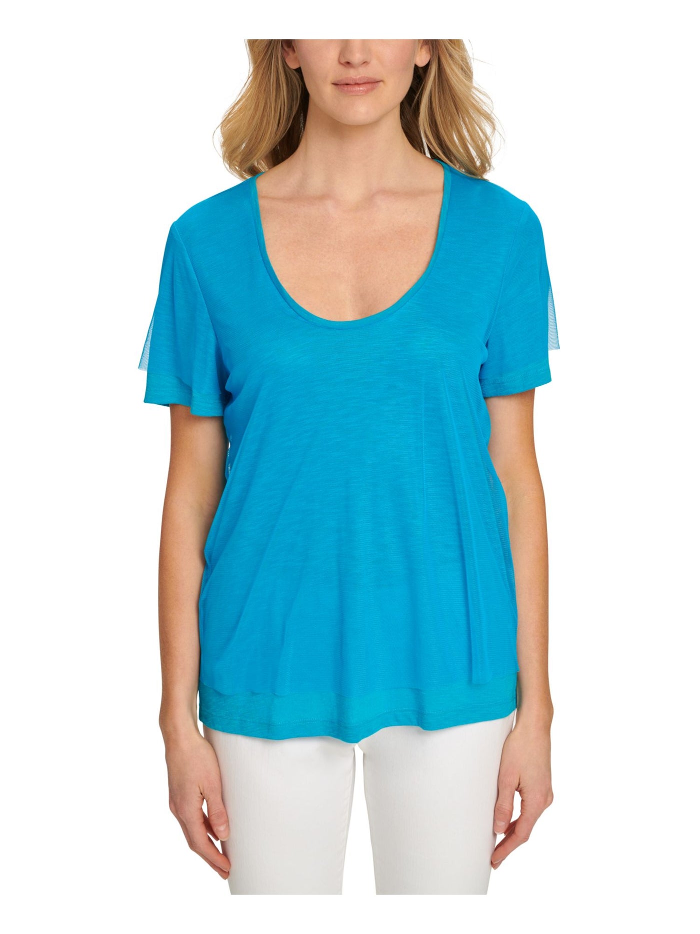 DKNY Womens Turquoise Textured Sheer Mesh Overlay Short Sleeve Scoop Neck Top M