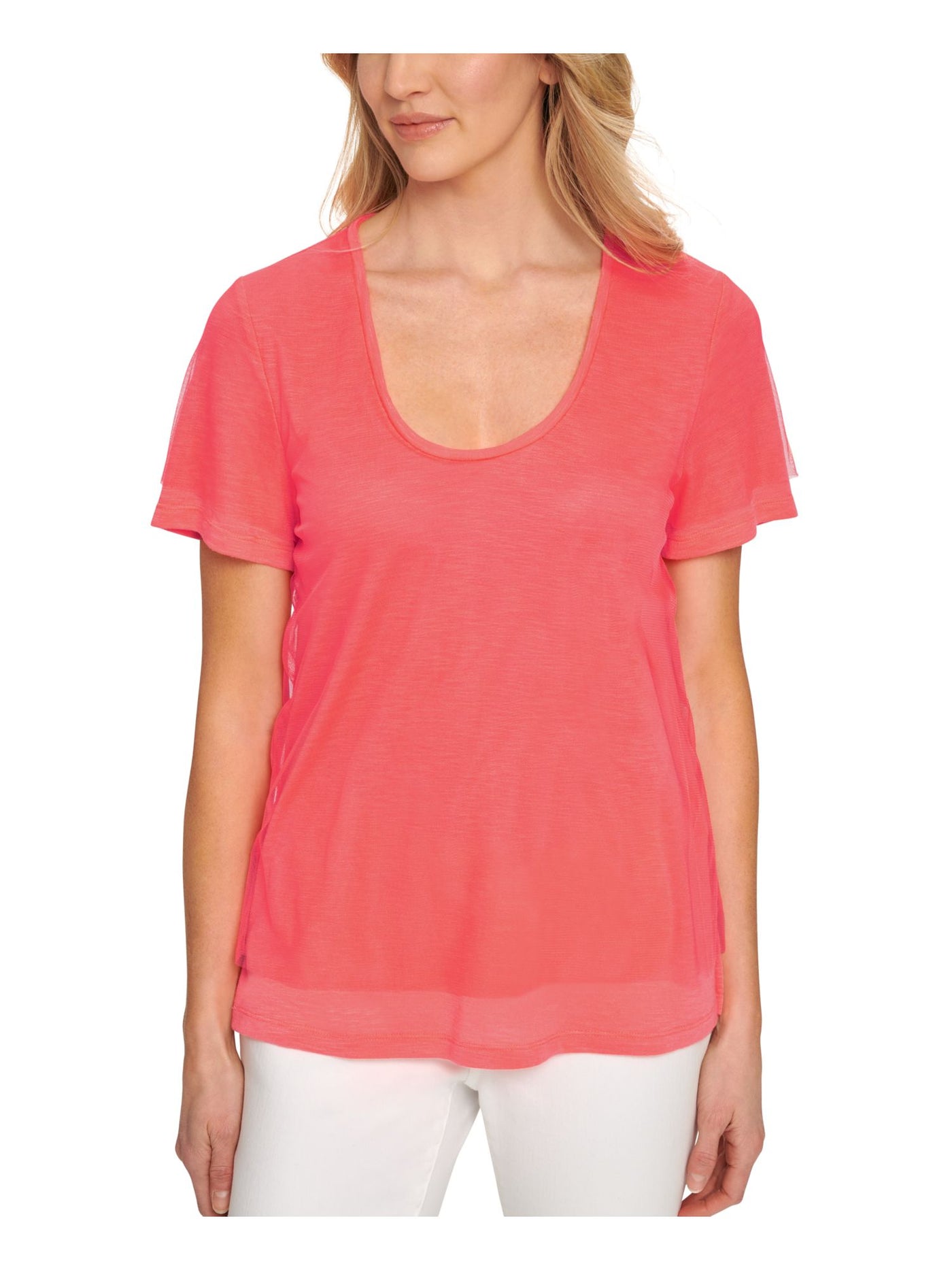 DKNY Womens Coral Textured Sheer Mesh Overlay Short Sleeve Scoop Neck Top S
