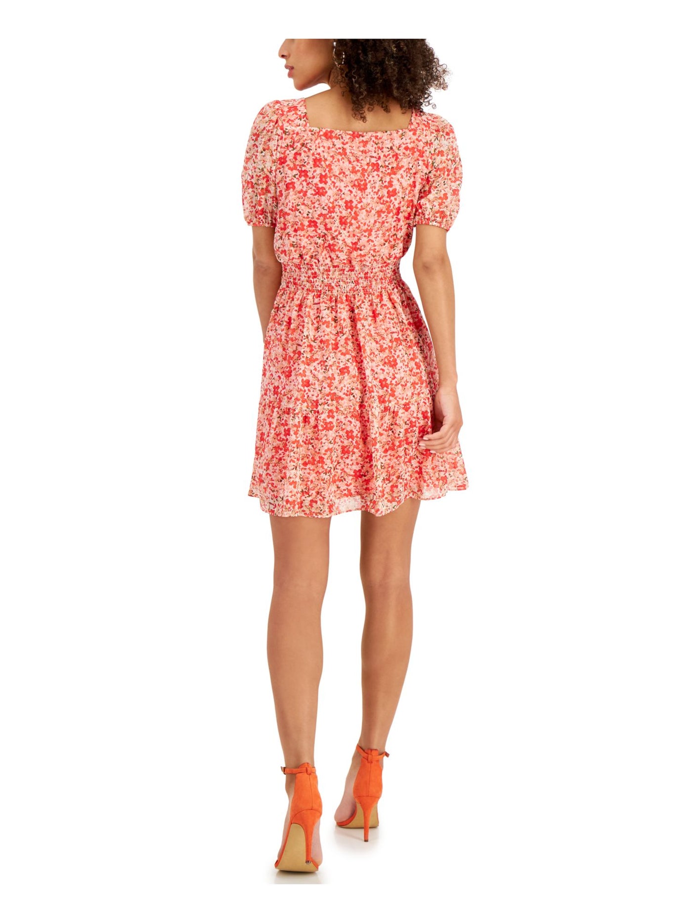 TAYLOR Womens Coral Smocked Button Front Lined Floral Elbow Sleeve Square Neck Above The Knee Party Blouson Dress Petites 12P