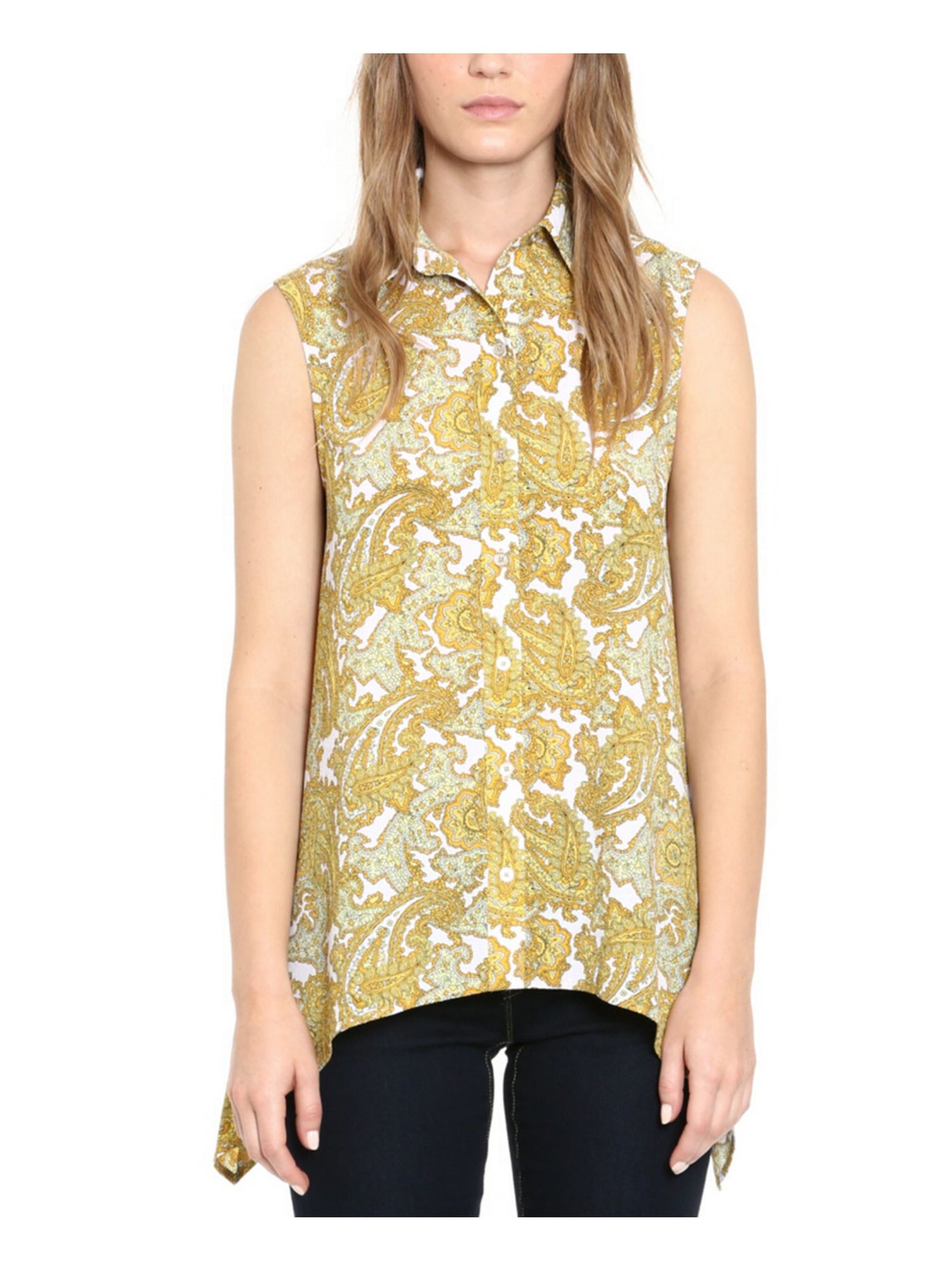 MICHAEL KORS Womens Yellow Paisley Sleeveless Point Collar Button Up Top Petites PL