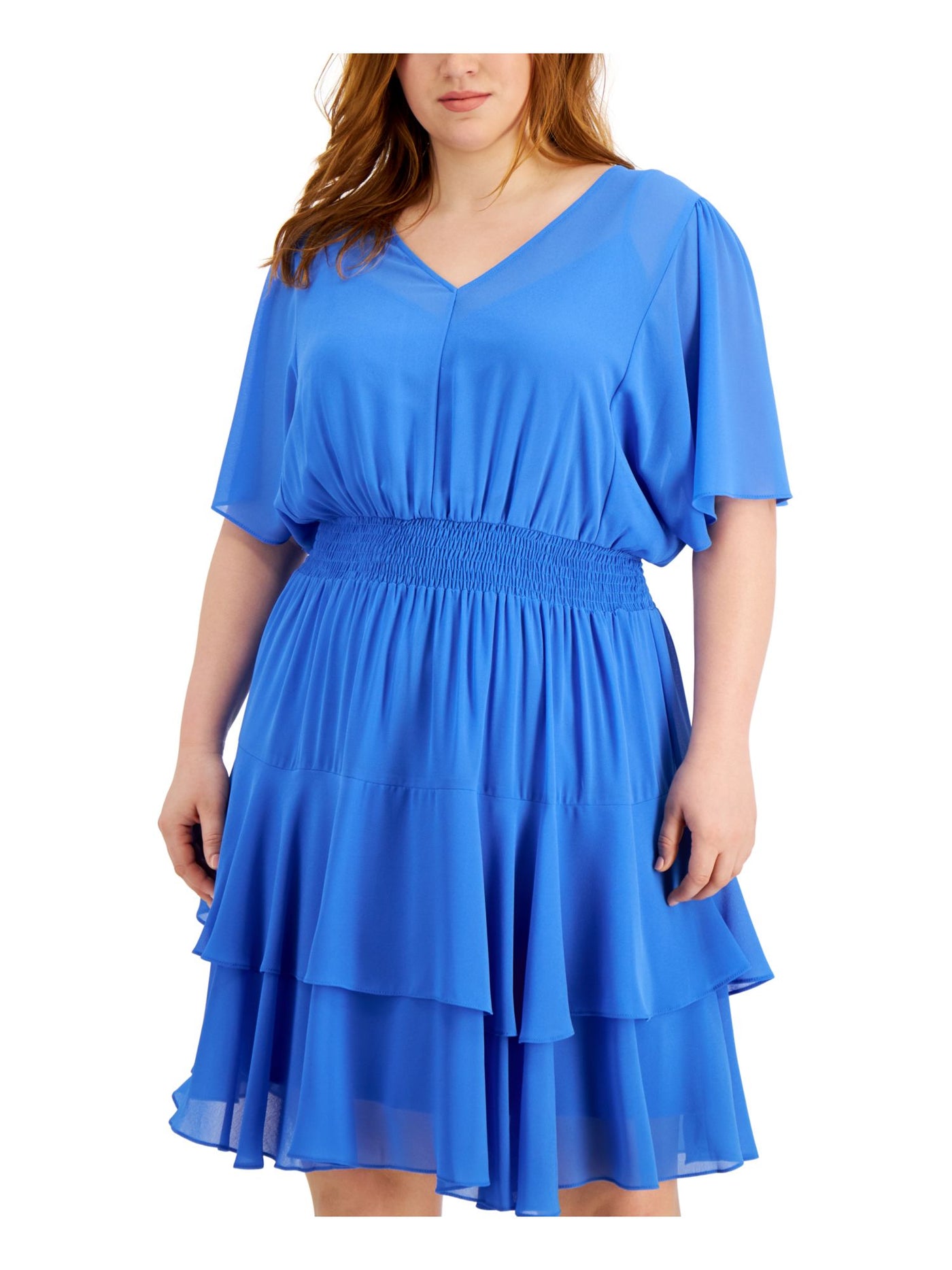 TAYLOR Womens Blue Stretch Smocked Tiered-hem Chiffon Dolman Sleeve V Neck Knee Length Evening Fit + Flare Dress Plus 16W