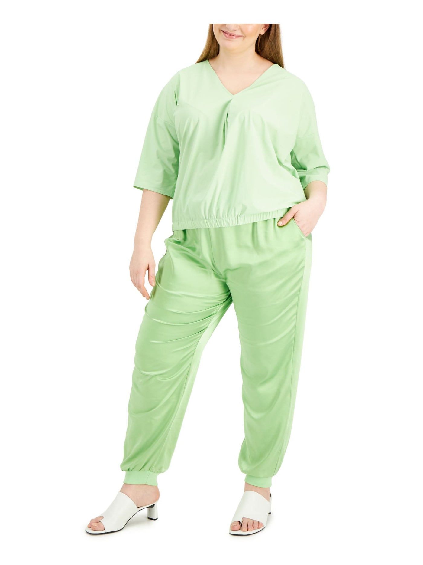 ALFANI Womens Green Pocketed Drawstring Waist Cuffed Pants Plus 1X