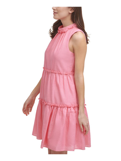 VINCE CAMUTO Womens Pink Pleated Zippered Ruffled Lined Sleeveless Crew Neck Short Evening Baby Doll Dress Petites 0P