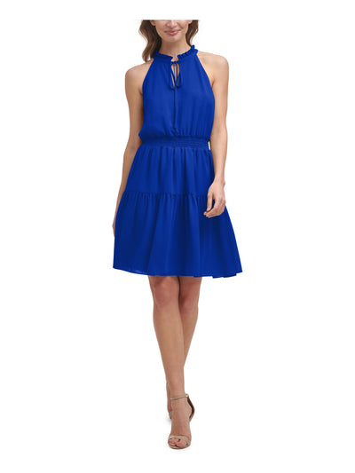 VINCE CAMUTO Womens Blue Ruffled Keyhole Sleeveless Halter Above The Knee Party Fit + Flare Dress Petites 4P