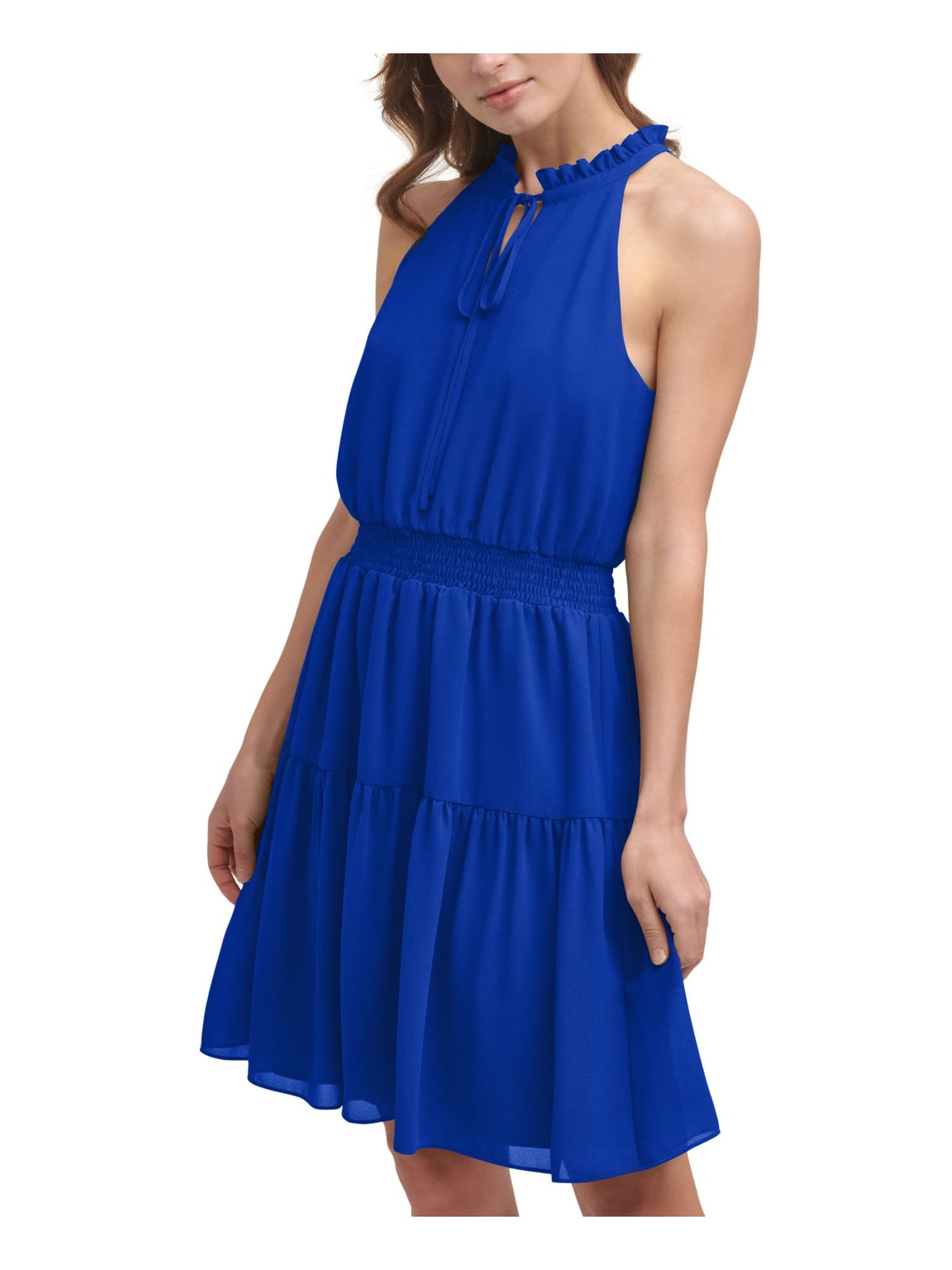 VINCE CAMUTO Womens Blue Ruffled Keyhole Sleeveless Halter Above The Knee Party Fit + Flare Dress Petites 2P