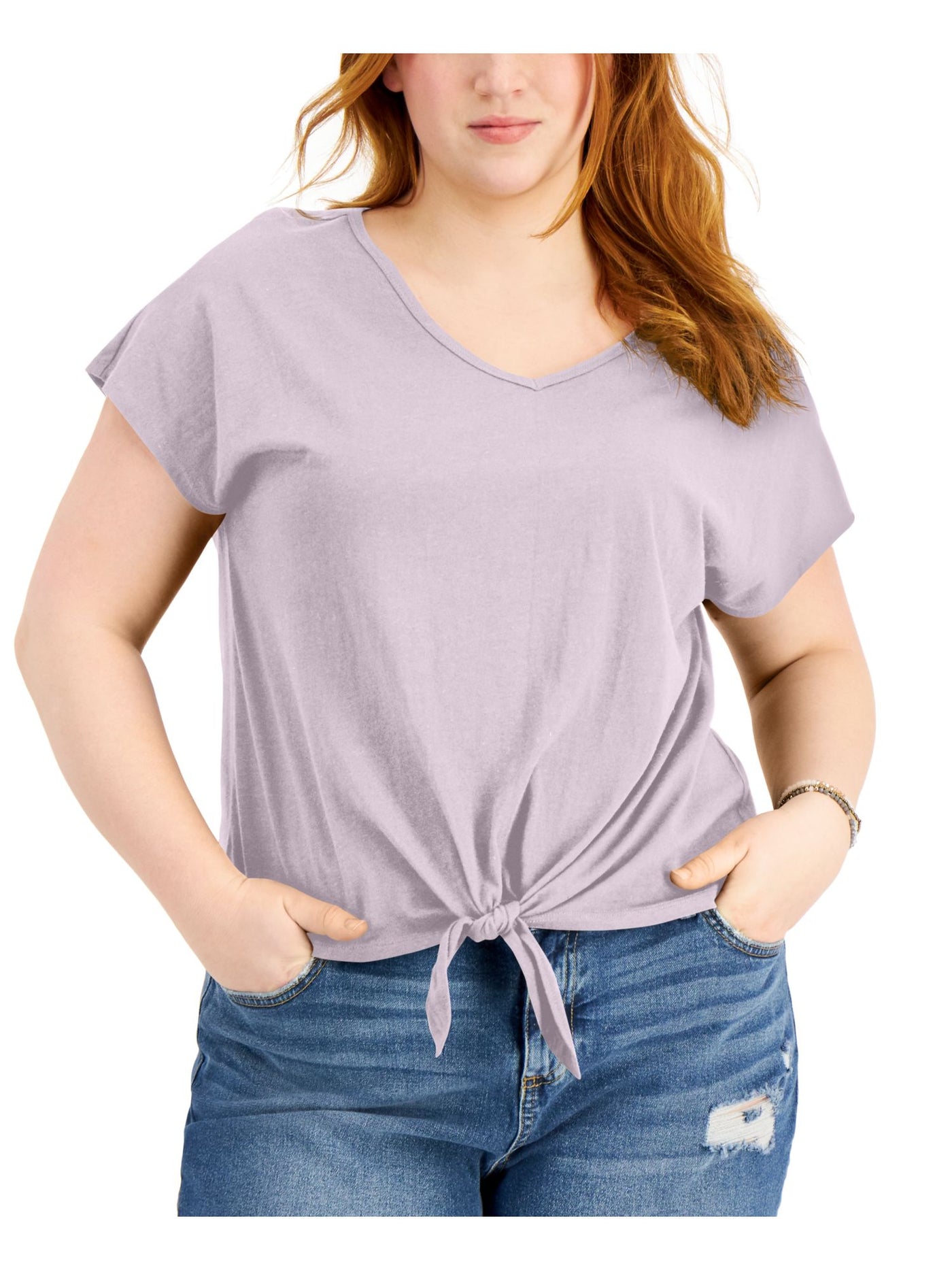 STYLE & COMPANY Womens Pink Tie-front Short Sleeve V Neck Top Plus 0X