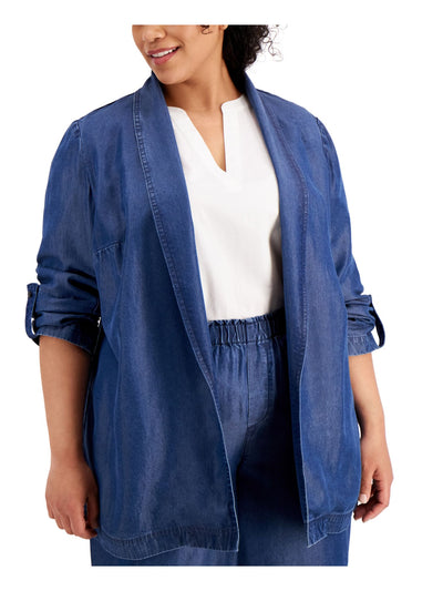 BAR III Womens Blue Roll-tab Sleeve Jacket Plus 1X