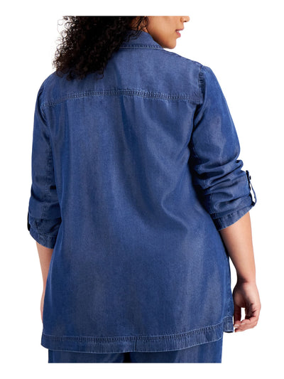 BAR III Womens Blue Roll-tab Sleeve Jacket Plus 2X