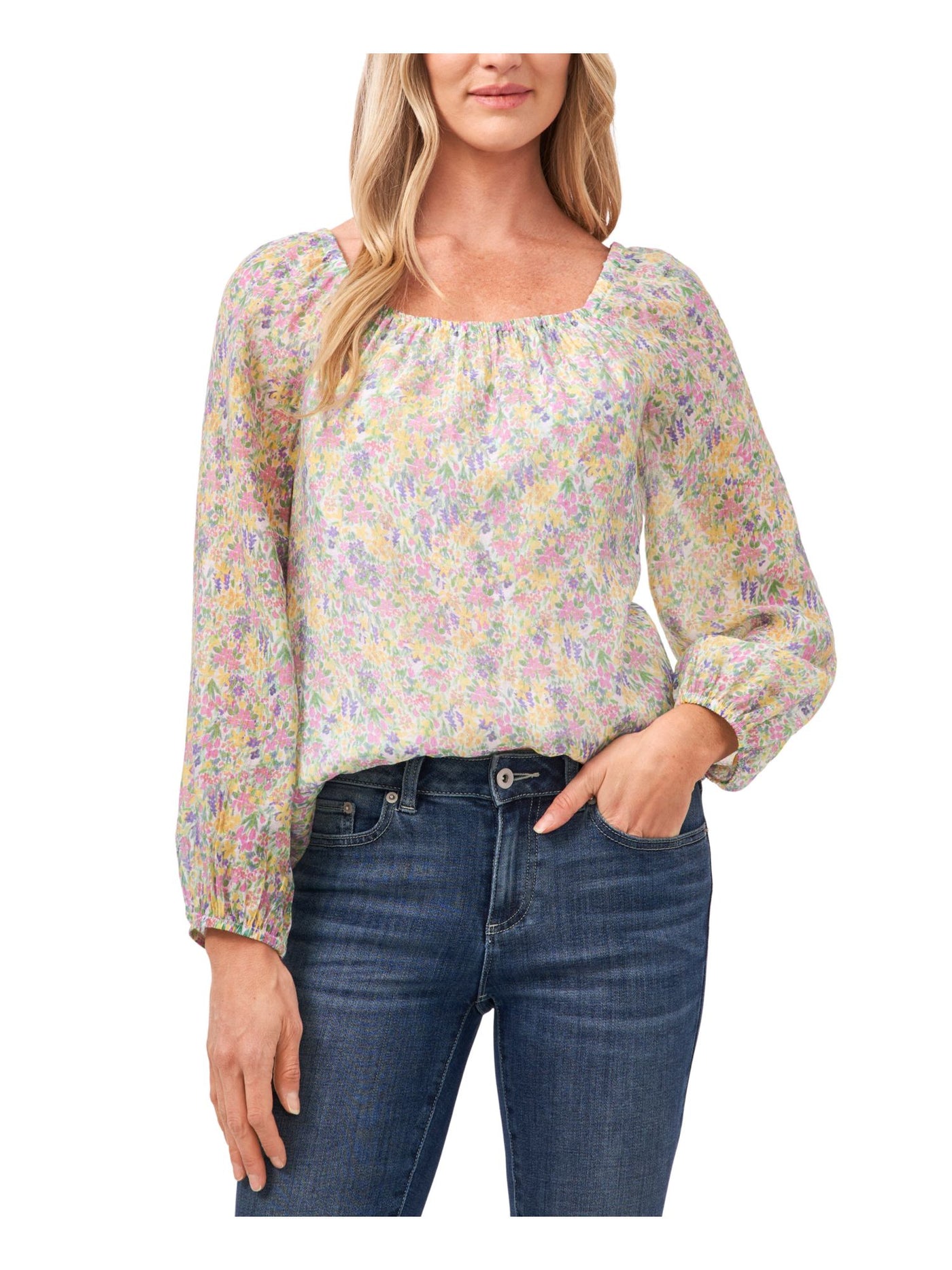 CECE Womens Green Floral Long Sleeve Square Neck Top L