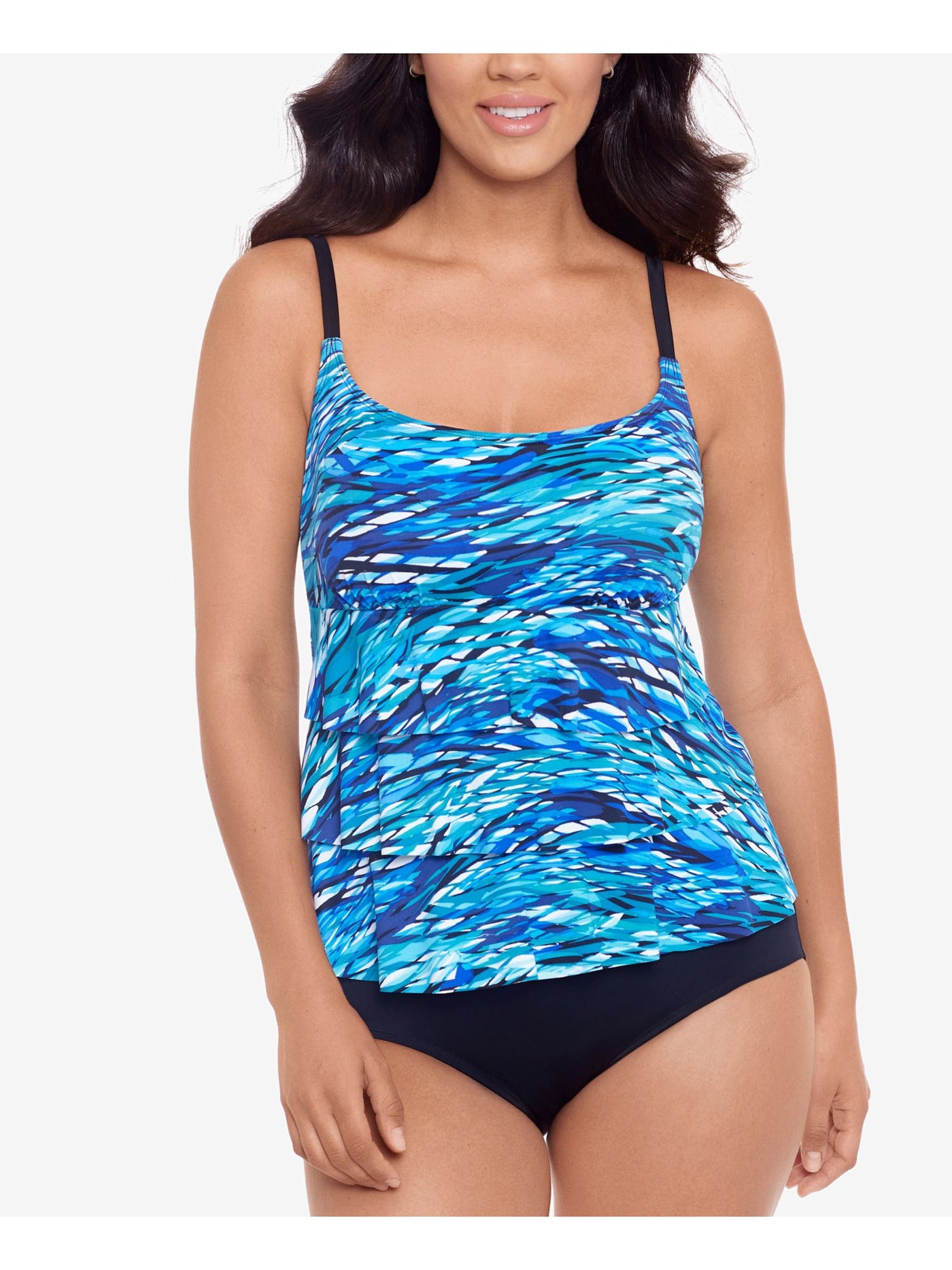 SWIM SOLUTIONS Women's Blue Patterned Stretch Tummy Control Lined Tiered Adjustable Fixed Cups Scoop Neck One Piece Swimsuit 10