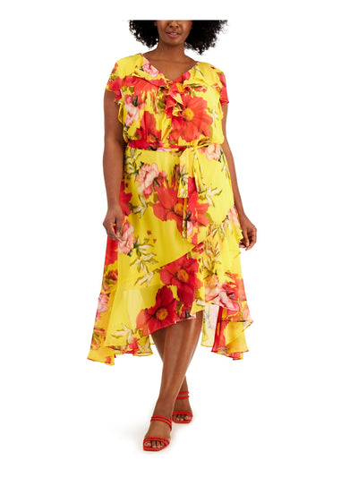 TAYLOR Womens Yellow Stretch Ruffled Zippered Asymmetrical-hem Chiffon Printed Flutter Sleeve V Neck Midi Party Fit + Flare Dress Plus 20W