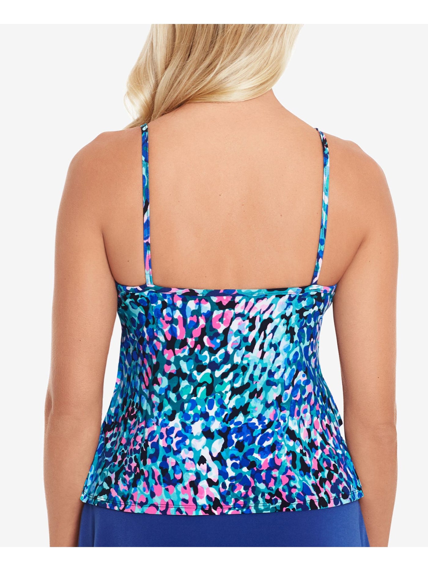 SWIM SOLUTIONS Women's Blue Printed Stretch Full Bust Support Lined Adjustable Tiered Tankini Swimsuit Top 8