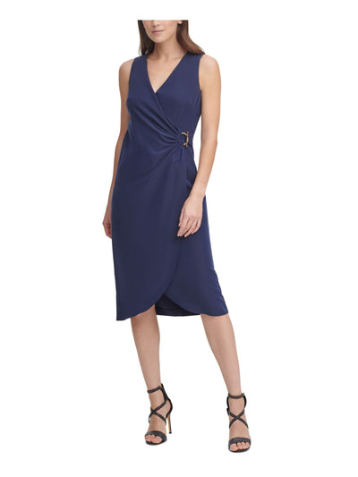 DKNY Womens Navy Stretch Zippered Pleated Gathered Hardware-detail Sleeveless Surplice Neckline Knee Length Wear To Work Faux Wrap Dress 6