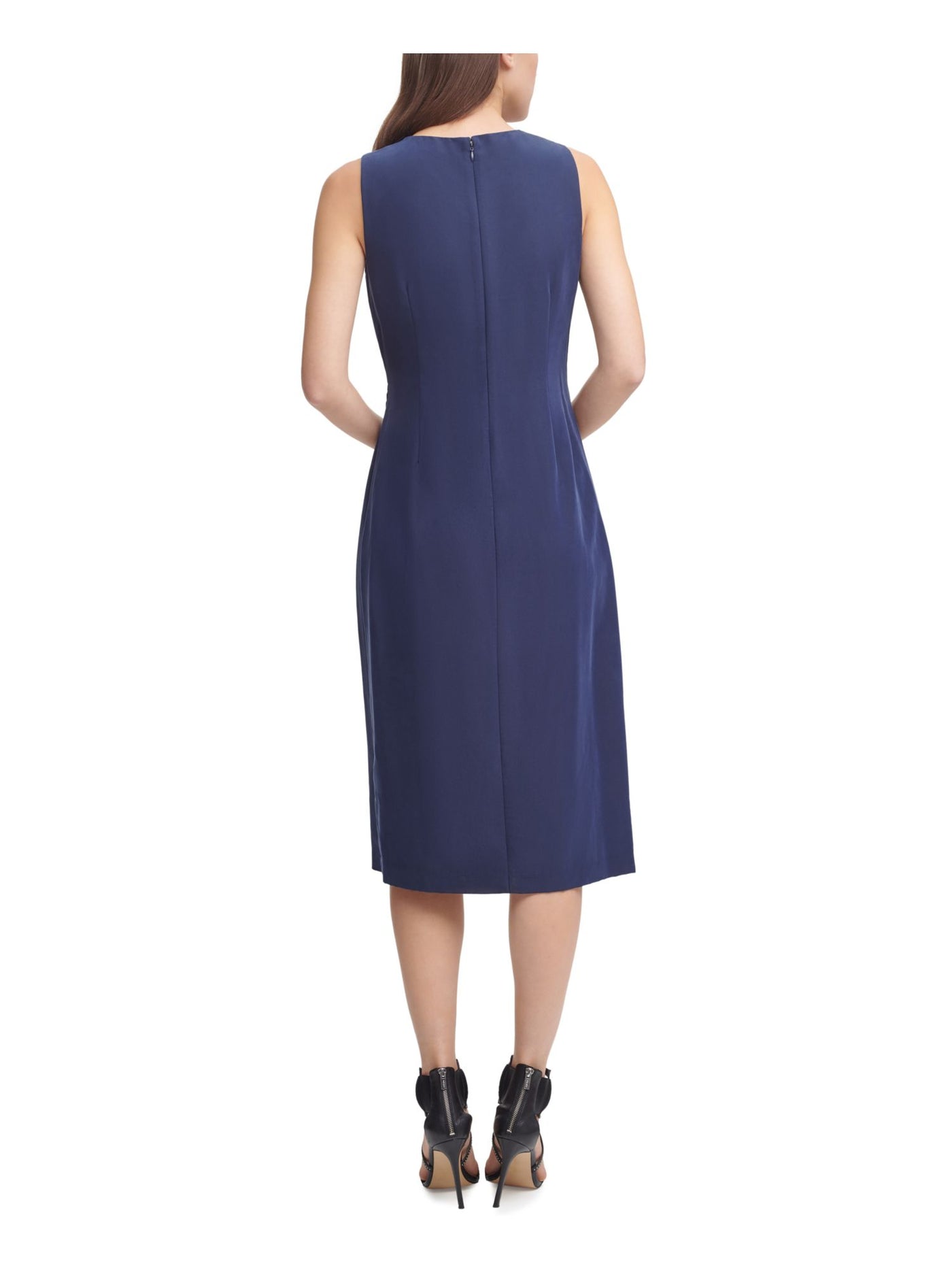 DKNY Womens Navy Stretch Zippered Pleated Gathered Hardware-detail Sleeveless Surplice Neckline Knee Length Wear To Work Faux Wrap Dress 6