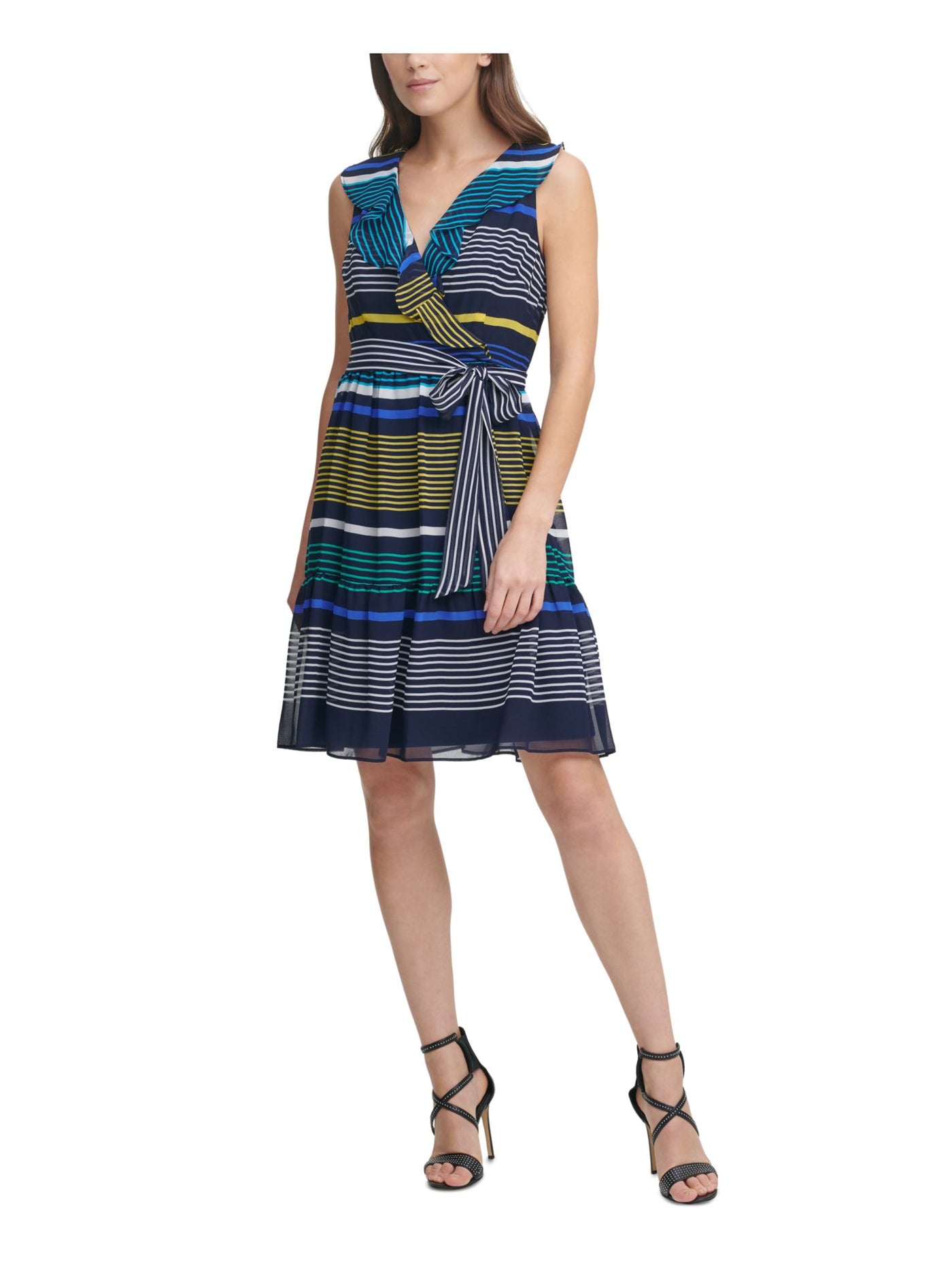 DKNY Womens Navy Ruffled Zippered Belted Lined Striped Sleeveless Surplice Neckline Above The Knee Wear To Work Fit + Flare Dress 10