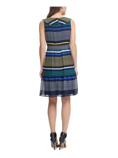 DKNY Womens Navy Ruffled Zippered Belted Lined Striped Sleeveless Surplice Neckline Above The Knee Wear To Work Fit + Flare Dress 12