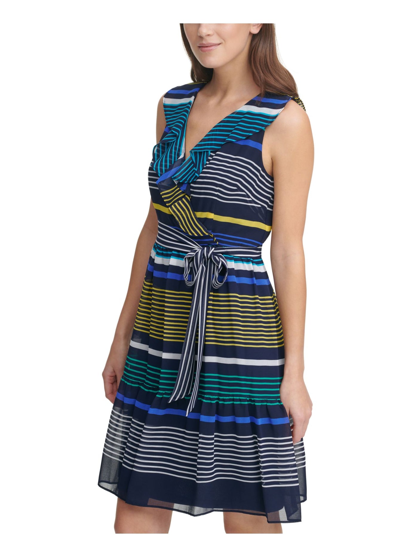 DKNY Womens Navy Ruffled Zippered Belted Lined Striped Sleeveless Surplice Neckline Above The Knee Wear To Work Fit + Flare Dress 12