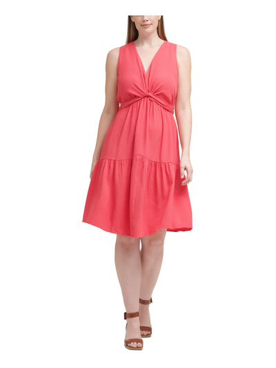 CALVIN KLEIN Womens Pink Stretch Textured Zippered Twist-detail Back Tie Belt Sleeveless V Neck Above The Knee Wear To Work Fit + Flare Dress Plus 22W