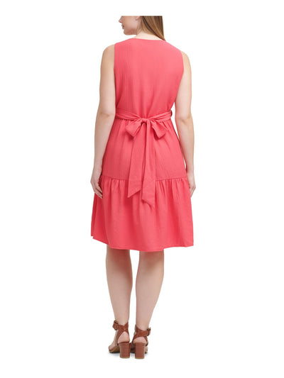 CALVIN KLEIN Womens Coral Stretch Textured Zippered Twist-detail Back Tie Belt Sleeveless V Neck Above The Knee Wear To Work Fit + Flare Dress Plus 14W