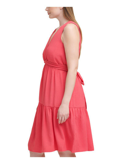 CALVIN KLEIN Womens Pink Stretch Textured Zippered Twist-detail Back Tie Belt Sleeveless V Neck Above The Knee Wear To Work Fit + Flare Dress Plus 22W