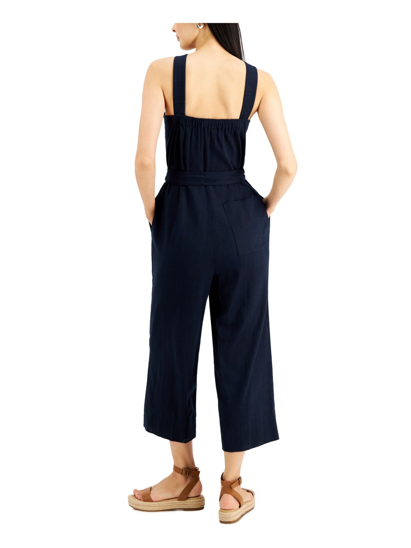 INC DRESSES Womens Navy Pocketed Belted Unlined Sleeveless Square Neck Wide Leg Jumpsuit 12