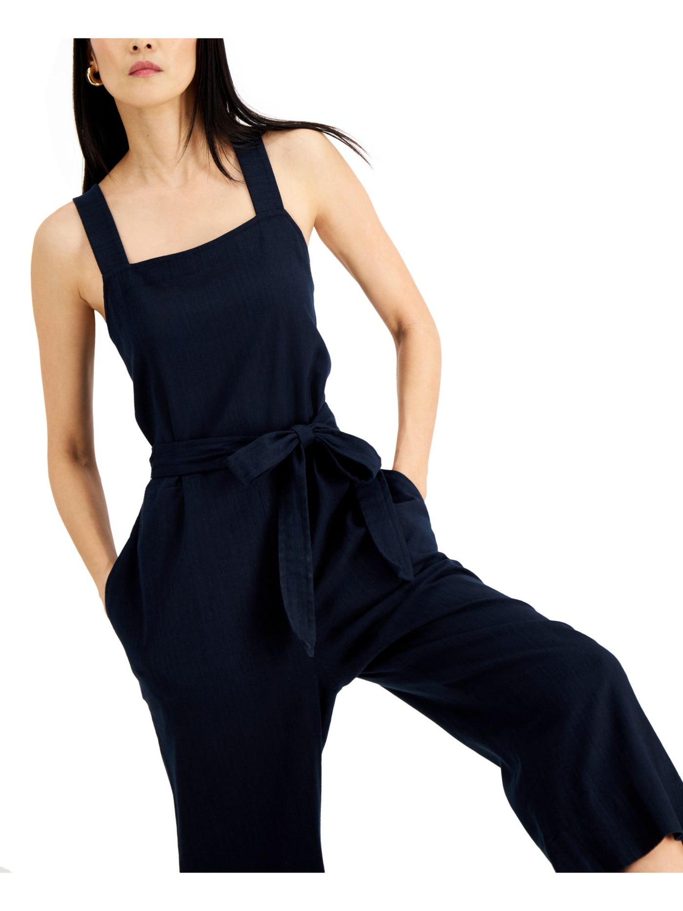 INC Womens Navy Pocketed Belted Unlined Sleeveless Square Neck Wide Leg Jumpsuit 12