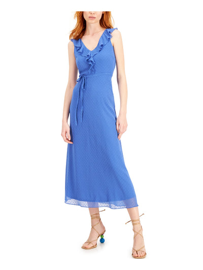 INC DRESS Womens Blue Zippered Belted Ruffled Neckline Sleeveless V Neck Maxi Fit + Flare Dress 16
