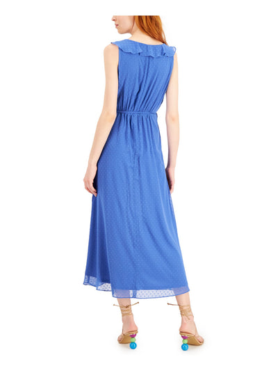 INC DRESS Womens Blue Zippered Belted Ruffled Neckline Sleeveless V Neck Maxi Fit + Flare Dress 6