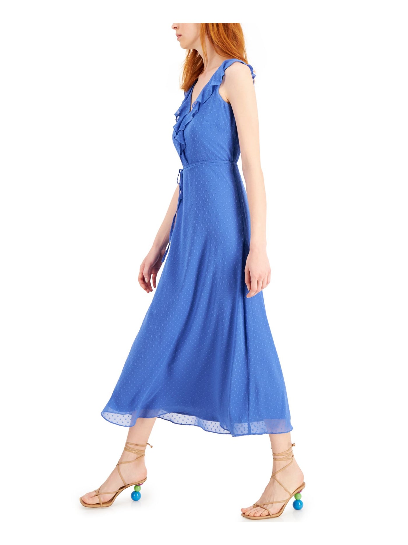 INC DRESS Womens Blue Zippered Belted Ruffled Neckline Sleeveless V Neck Maxi Fit + Flare Dress 8